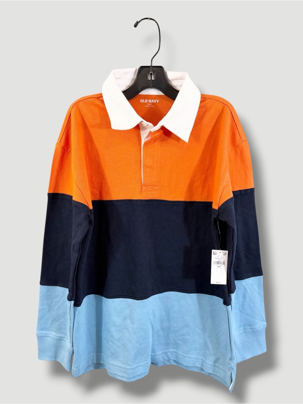 Old Navy Boys Rugby Shirt Size M/8 Orange Blue Colorblock Stripe Casual Preppy